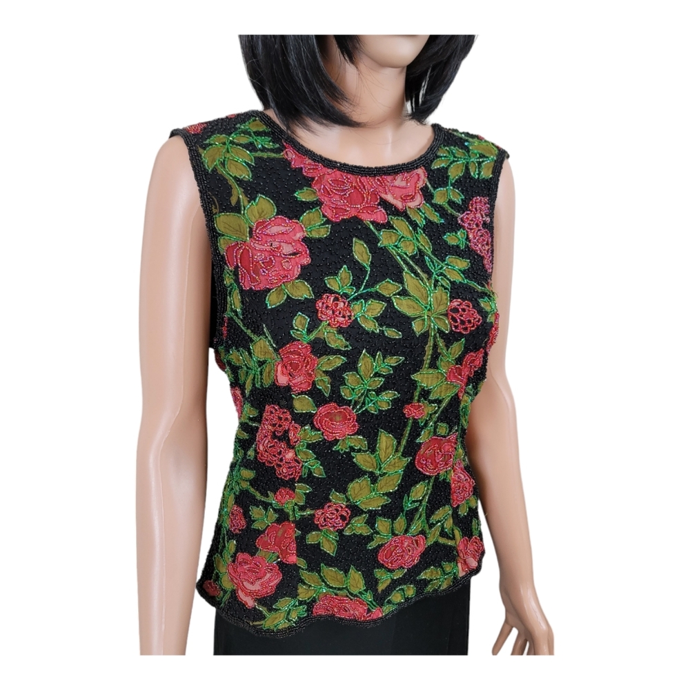 Paradise NY Beautiful Vintage Beaded Top Rose Design On Black Silk Size Large